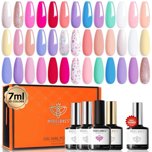 modelones 24Pcs Neon Gel Nail Polish Set, 20 Colors Summer Rainbow Gel Polish Set with Glitter & Glossy & Matte Top + Base Coat Soak Off LED Nail Art Kit Salon at Home