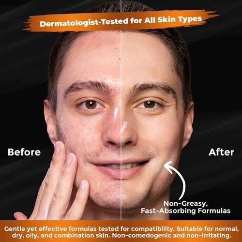 Gift for Men Skincare Skin Care Set for Men Him Complete Routine Kit with Niacinamide & Ceramides - Face Cleanser, Scrub, Toner, Serum, Moisturizer Cream, Lip Balm - Christmas, Father’s Day Gifts