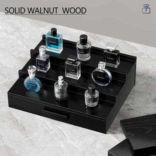 Sueuapp Walnut Wood Cologne Organizer for Men,3 Tier Cologne Stand,Cologne Shelf Display Holder,Perfume Stand Organizer with Hidden Compartment and Drawer,Great Gift for Men,Black
