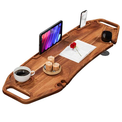 Lush & Style Premium Bathtub Tray Large & Thick 35” x 10``, Acacia Wood Luxury, Waterproof, Non-Toxic, Adjustable Legs, No Tools Required,Caddy Tray, Luxury Bath Accessories