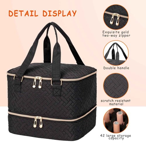 KGMCARE Nail Polish Organizer, Double Layer Storage Bag Gel Nail Polish Carrying Case Holds 42 Bottles with Nail Dryer Lamp Portable Manicure kit supplies Organizer (quilted)