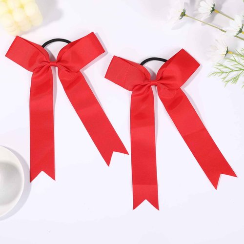 chiduerm 40Pcs Long Tail Skinny Cheer Bows Elastic Bands Handmade Grosgrain Ribbon Bows Collegiate Ponytail Holder for Girls Cheerleaders College Sports (red)