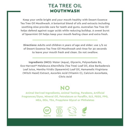Desert Essence Tea Tree Oil Mouthwash - 16 Fl Ounce - Pack of 6 - Natural Refreshing - Spearmint Flavor - Helps Reduce Plaque Buildup - Refreshes Mouth & Gums - Vitamin C - Oral Care - No Parabens