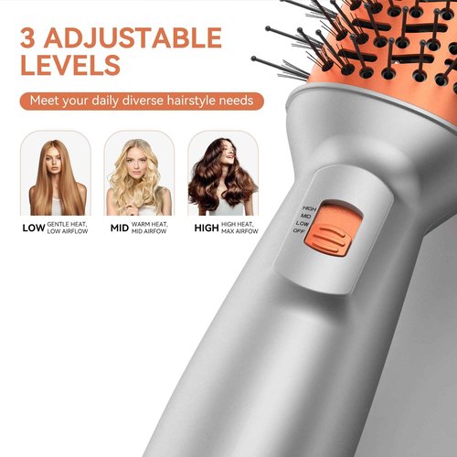 Travel Hair Dryer Brush, Dual Voltage 100–240V 4-in-1 Hot Air Brush with 3 Heat & 2 Speed Settings for Drying, Straightening, Curling & Volumizing, Mini Ionic Thermal Blow Dryer Brush for Women