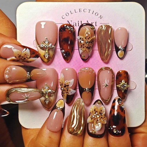 Handmade Acrylic Press On Nails Almond, Brown Press On Nails Medium, Flower 3D Nails French Tip Amber Gold Chrome For Women Gift, Reusable Stick On Fake Nails Kit With Nail Glue(Amber Bloom-M)