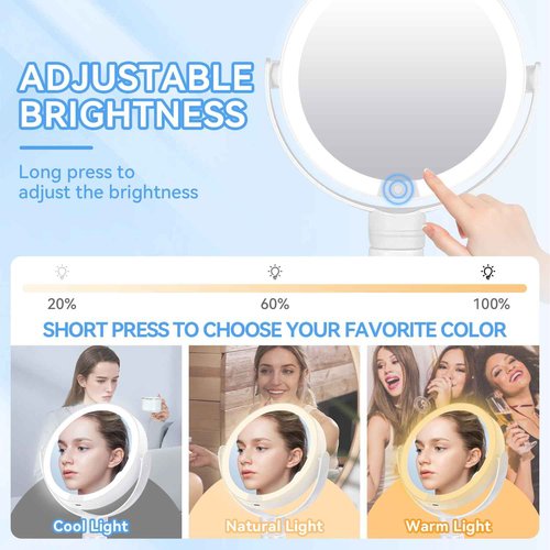 KOOKIN Travel Makeup Mirror with Lights and Magnification 1X/10X, Lighted Makeup Mirror, Rechargeable, 3 Color Lighting, Dimmable, 360° Rotation, Double Sided, Hanging Handheld Mirrors (White)