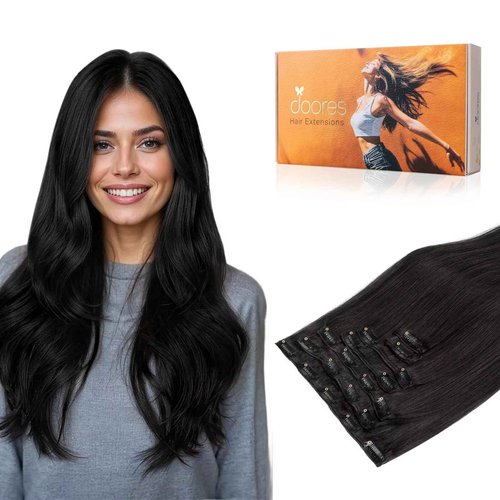 DOORES Human Hair Extensions Clip in Natural Black 120g 7pcs 18 Inch Remy Clip in Hair Extensions Natural Straight Thick Hair