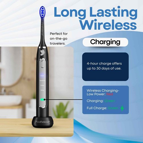 PureRadiance LED Whitening Electric Toothbrush – Waterproof, Sonic Brush with 6 LED Lights for Whitening, Soft Bristles, Rechargeable, Travel Case Included – Ideal Electric Toothbrush for Adults