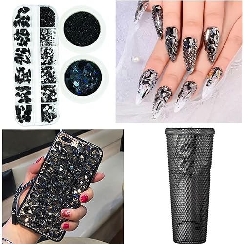 3 Boxes Black Nail Rhinestones with Fine Glitters Kit, 60Pcs Big Assorted Black Nail Gems with S6-S16 Flatback Round Stones,Crystals Nail Gem Stones for DIY Faces Body Crafts