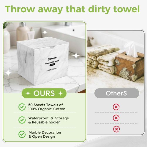 Classycoo Disposable Face Towel Holder, 50 PCS XL Clean Towels Included, Marble Acrylic Container Box for Clean Skin Club, Cotton Facial Wipes Odor-Free for Sensitive-Skin,Bathroom Cosmetic Storage