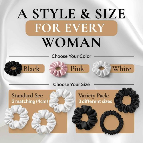 FORBDNSILK 100% Pure 22 Momme Mulberry Silk Scrunchies (Set of 3) | Highest grade (6A) Luxury Hair Ties| (Black,White,Pink) | (White, Standard)