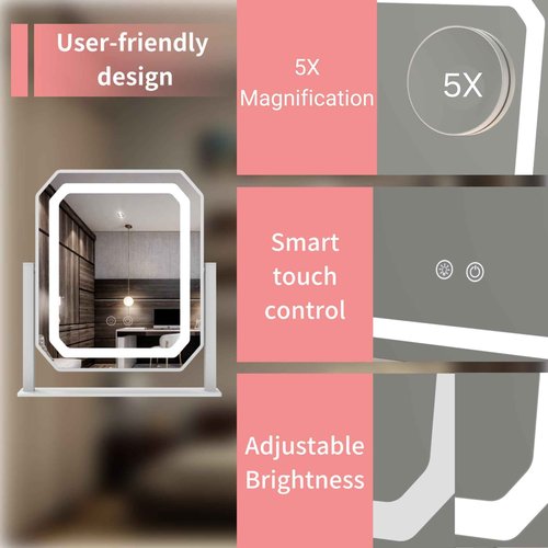 Lighted Makeup Mirror, Hollywood Vanity Mirror with Lights, 3 Color Lighting Modes, Detachable 5X Magnification Mirror, Smart Touch Control, 360°Rotation (12in. White)