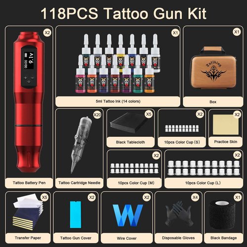 Complete Tattoo Gun Kit, 2Pcs Tattoo Pen Machine with 1600 mAh Tattoo Power Supply and 20Pcs Cartridge Needles, Professional Tattoo Supplies Set for Beginners and Artists (Red, 118 pcs)