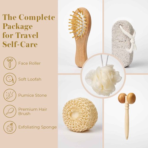 Bella Ciao 6-Piece Body and Skincare Set, Women’s Beauty Travel Basket, Spa Gift Set, Bath Accessories, Includes Face Massage Roller, Hair Brush, Exfoliation Tools, and Decorative Wooden Tray