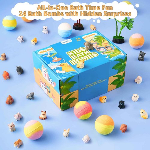 JuraFizz Bath Bombs for Kids with Surprise Inside, 24 Pack Kids BathBombs with Puppy & Cat Toys, Child-Safe Natural Bath Bombs with Toys Inside for Girls and Boys, Birthday Party Favors