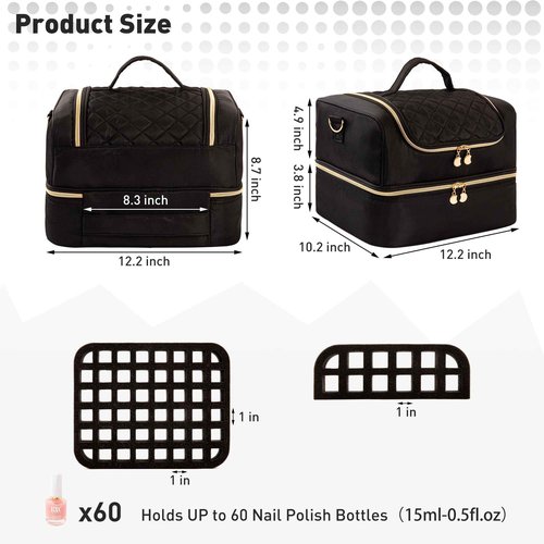 AGX Bravo Nail Polish Organizer Bag Nail Case Holds 60 Bottles & Nail Lamp Gel Nail Polish Organizer Nail Kit Organizers Travel Nail Tech Carrying Case for Manicure Supplies (Black)