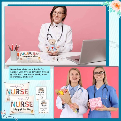 Yinkin 32 Pcs Nurse Appreciation Gift 2025 for Nurse Week 16 Canvas Makeup Cosmetic Bags Survival Kit and 16 Blessing Card Bracelets, Christmas Medical Staff Practitioner Gift for Women(Retro)