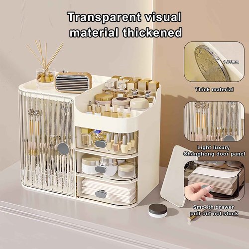 DASITON Makeup Organizer for Vanity,Large Capacity Makeup Storage Organizer with 3-Layer Drawers and Mirror,Cosmetics Display Case Make up Organizers for Vanity,Bedroom,Countertop(Clear-Cream)