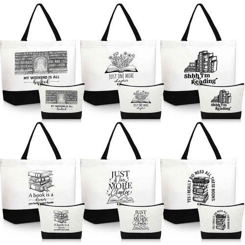 Locmeo 12 Pcs Book Club Gifts Book Tote Bag for Book Lovers Reading Quote Tote Bag Makeup Bag Reusable Cosmetic Bag with Metal Zipper Bookish Librarian Gifts for Women