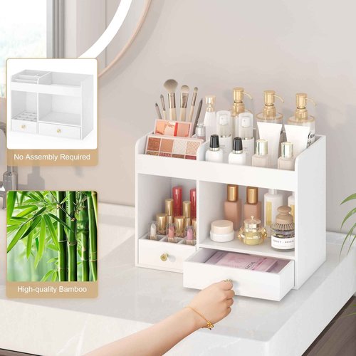 Wisuce Essentials Large Makeup Organizer with Drawers, Bamboo Countertop Cosmetic Storage for Dresser Vanity Organizer Beauty Desk Skincare Holders Container Make Up Organizing for Lipstick