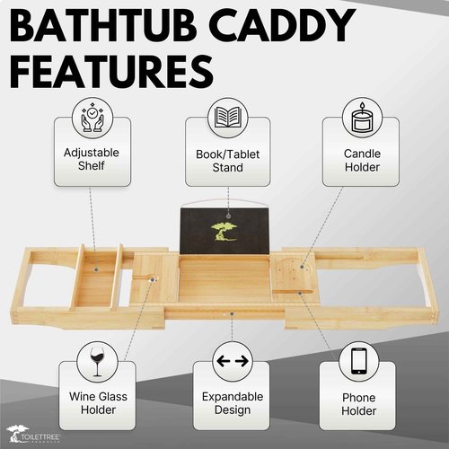 ToiletTree Products Bamboo Bathtub Caddy with Extending Sides and Adjustable Book Holder (Deluxe)