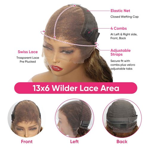 VNFM Honey Blonde Ombre Lace Front Wig Human Hair 13x6 HD Highlight Deep Wave Lace Front Wigs Human Hair Pre Plucked 200% Density 4/27 Colored Curly Frontal Wigs for Women 24 Inch