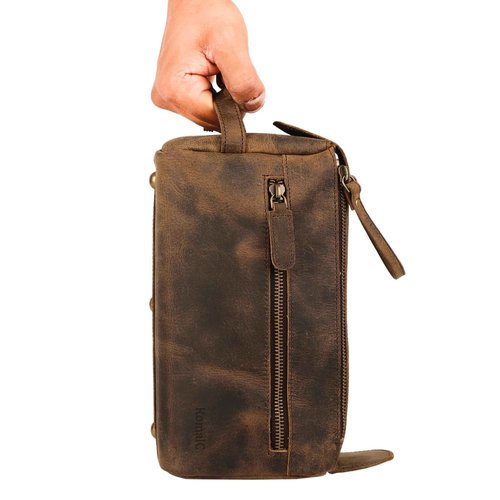 KOMALC Premium Buffalo Leather Unisex Toiletry Bag Travel Dopp Kit