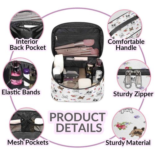 Funky Qiu Makeup Bag,French Bulldog Flower Cosmetic Bags for Woman Girls,Portable Large Capacity Travel Makeup Case Organizer Cosmetic Case Travel Essential