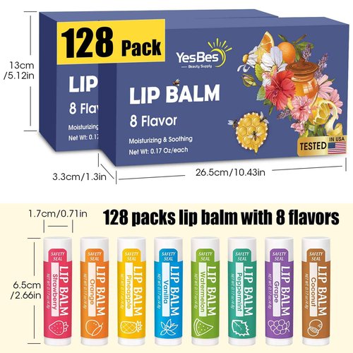 YesBes 128 Pack Lip Balm, Natural Lip Balm Bulk with Vitamin E and Coconut Oil, Moisturizing Lip Balms for Dry Cracked Lips, Lip Balms for Stocking Stuffers - 8 Flavors