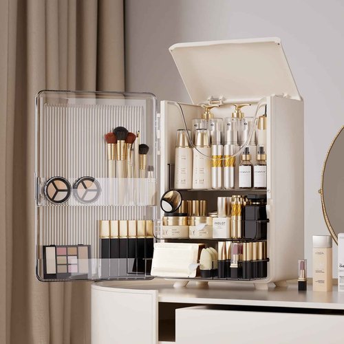 AERCIINC Makeup Organizer for Vanity,Perfume Organizer Display Case,Large Plastic Drawer Storage,White Multi-Function Brush Organizers Storage for Bathroom Countertop (White)