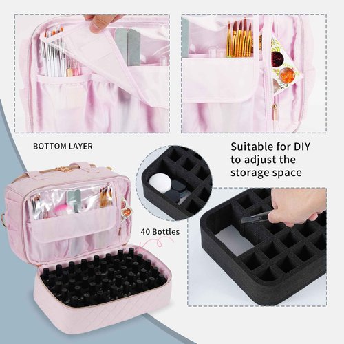 GR69N Nail Polish Organizer Case,Nail Storage Organizer Holds Nail Lamp & 50 Bottles Nail Polish,Travel Nail Tech Case,Nail Kit Organizer Bag Fits Nail Supplies & Manicure Tools,Pink (Patented)