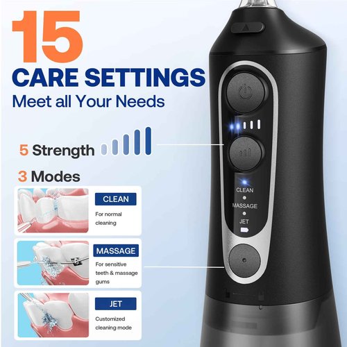 Bitvae Water Dental Flosser Bundle, Cordless Water Teeth Cleaner Picks for Travel with, USB Rechargeable Oral Irrigator with 3 Modes 5 intensities, Black & Black