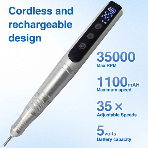 Cordless Nail Drill Set, Rechargeable & Adjustable Speeds Nail Drill Machine, Portable Nail File for Acrylic Gel Dip Powder Nails, Manicure Pedicure Tools Polishing Set for Beginner Silver