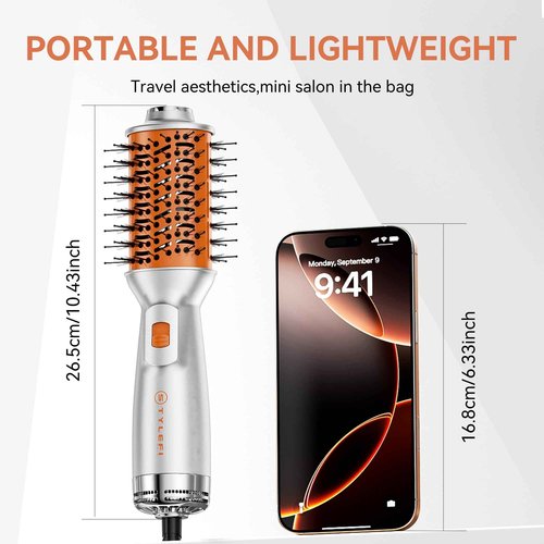 Travel Hair Dryer Brush, Dual Voltage 100–240V 4-in-1 Hot Air Brush with 3 Heat & 2 Speed Settings for Drying, Straightening, Curling & Volumizing, Mini Ionic Thermal Blow Dryer Brush for Women