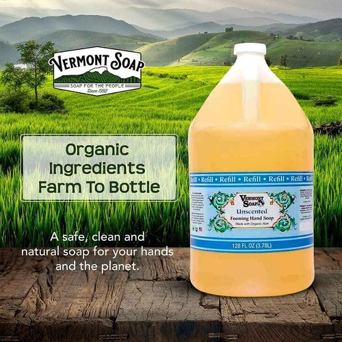VERMONT SOAP Organics Foaming Hand Soap, Liquid Soap with Pre-diluted Formula - Ready to Use Simply Unscented Hand Soap With Convenient and Economical Gallon Refill Size