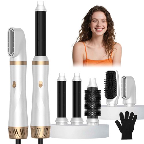 5 in 1 Blow Dryer Brush,110-120V Hair Dryer Brush, Fast Drying & 3 Adjustable Temperatures Hot-Air Hair Brushes, Detachable Hot Air Styler Set for Curling/Volumizing/Straightening/Styling (White Gold)