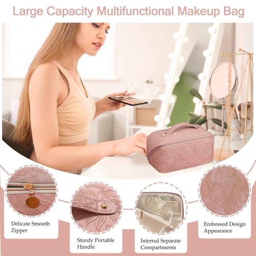 GOLDORANGE Floral Travel Cosmetic Bag Large Capacity Makeup Bag with Compartment and Handle Waterproof PU Leather Portable Flower Everything Cosmetic Bag, Pink