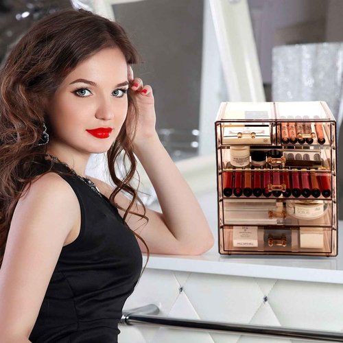 Sorbus Acrylic Clear Makeup Organizer - Big & Spacious Cosmetic Display Case - Stylish Designed Jewelry & Make Up Organizers and Storage for Vanity, Bathroom (4 Large, 2 Small Drawers) [Bronze Glow]