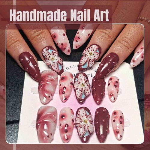 Handmade Press On Nails Almond, Burgundy Press On Nails Medium, 3D Flower Nails For Women Gift, Reusable Stick On Fake Nails Kit With Nail Glue(3D Burgundy Flower-L)