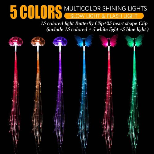40 Pack Led Light Up Fairy Hair Accessories Braid Extension Butterfly Clips for Women Girls, Glow in the Dark Party Favors Supplies Neon Rave Accessories Wig for Festival Halloween Christmas Birthday