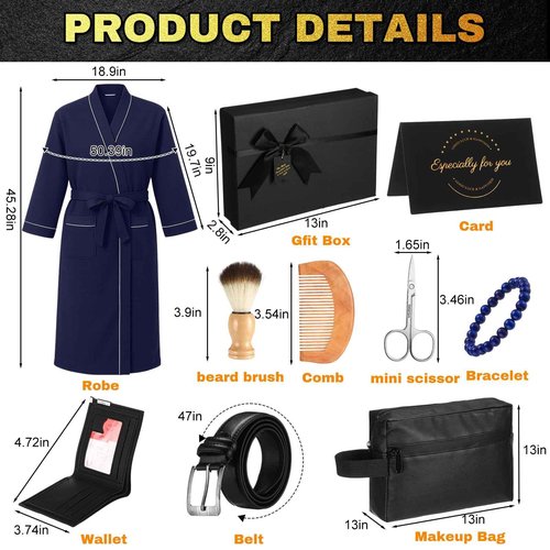 Shyyween 10 Pcs Birthday Gifts Baskets for Men Get Well Soon Gifts Beard Care Set for Him with Bathrobe, Wallet, Makeup Bag, Belt, Bracelet, Beard Comb & Brush Set for Dad Boyfriend Husband(Blue)