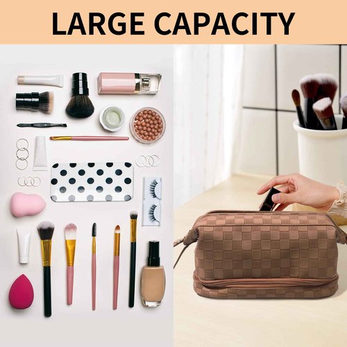 Abiudeng Large Makeup Bag for Women,Travel Makeup Organizer with Brush Holder, Dopp Kit Essentials,Waterproof Checkered Cosmetic Bag for Traveling,Multi Compartment,Cute,Spacious Capacity-Brown