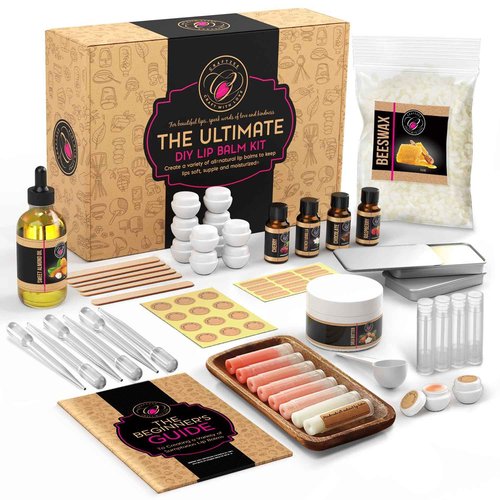 CraftZee Organic Lip Balm Making Kit. DIY Lip Gloss Pack, Natural Beeswax, Shea Butter, Sweet Almond Oil, Essential Oils, Tools, Instruction Manual. Sleepover Party Supplies for Girls, Adult Craft Kit