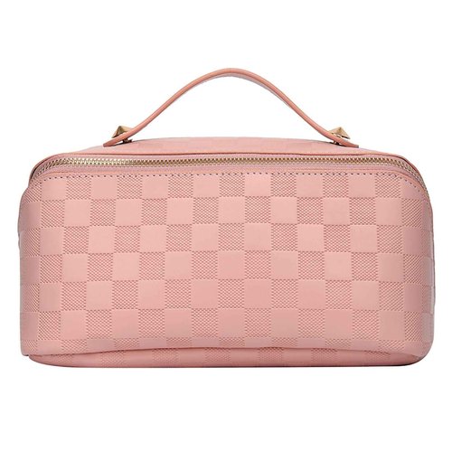 Niumike Large Capacity Travel Cosmetic Bags for Women - PU Leather Small Cute Plaid Checkered Makeup Bag Organizer Waterproof Portable Travel Toiletry Bag (Pink)