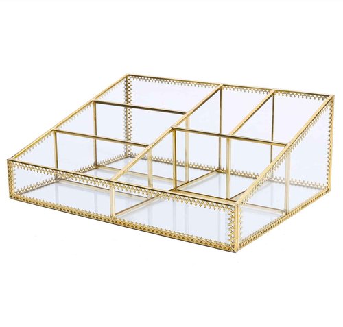 WHSLILR Vintage Gold Makeup Organizer - Glass Makeup Organizer Countertop Organizer for Make-Up Brushes Vanity, Tabletop Organizer Display Case for Bathroom, Vanity, Drawers GJB001