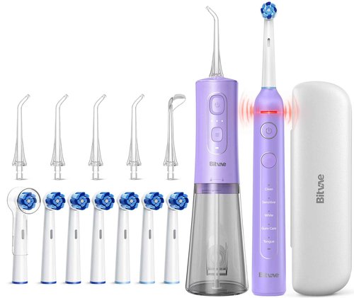 Bitvae Cordless Water Dental Flosser & R2 Rotating Electric Toothbrush Bundle, Purple & Purple