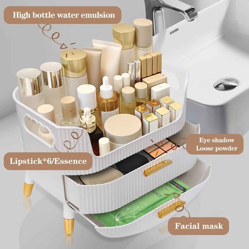 Makeup Organizer with Drawers,Skincare Plastic Storage for Vanity,Large Cosmetic Display case for Dresser with Handle,Large Capacity Bathroom Countertop