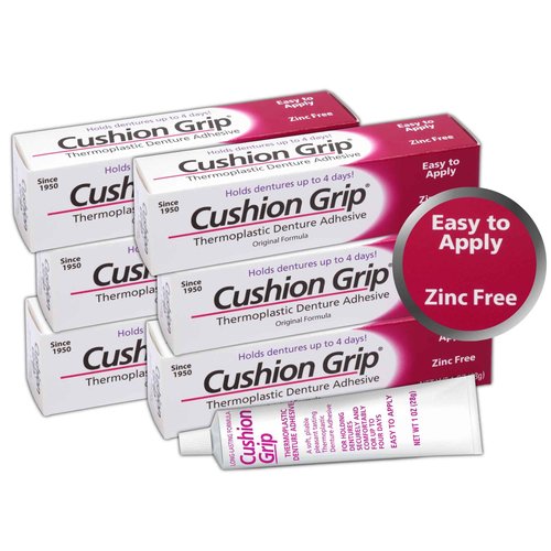 Cushion Grip Thermoplastic Denture Adhesive 1oz (6 Pack)–Extra Strong Hold Up to 4 Days, Unmatched Strength, Waterproof & Zinc Free, Relieves Sore Gums, Comfortable Refit, Long Lasting Denture Refit
