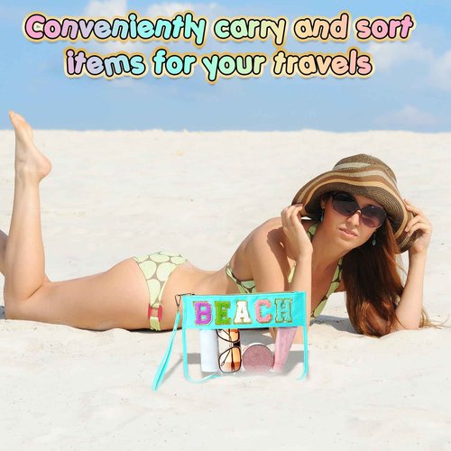 Abbylike 6 Pcs Chenille Letter Clear Zipper Pouch Summer Waterproof Cosmetic Pouch Travel Gym Beach Hawaii Bag Travel Patch Purse Makeup Letter Bag for Women Girls, 6 Colors(Charming Colors,Stylish)
