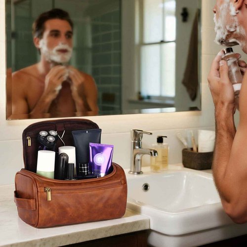 OXYEFEI Personalized Toiletry Bag for Men,Personalized Gifts for Men,Engraved Initial PU Leather Mens Toiletry Travel Shaving Travel Essentials Toiletries Bag for Him Birthday (H, Brown)